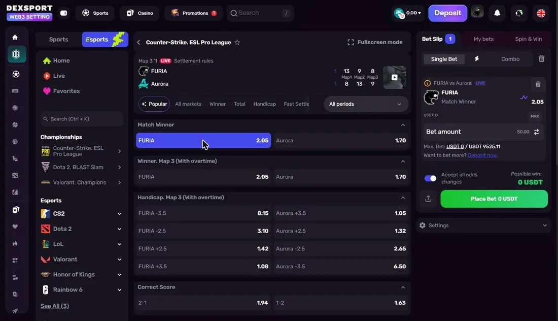 Fixed-odds markets on Dexsport — pick an outcome and stake straight from a wallet